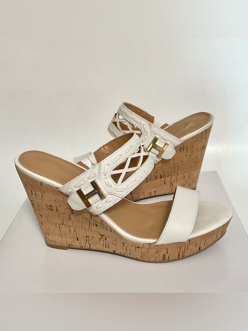 White Cork Wedge Sandals with Gold Accent